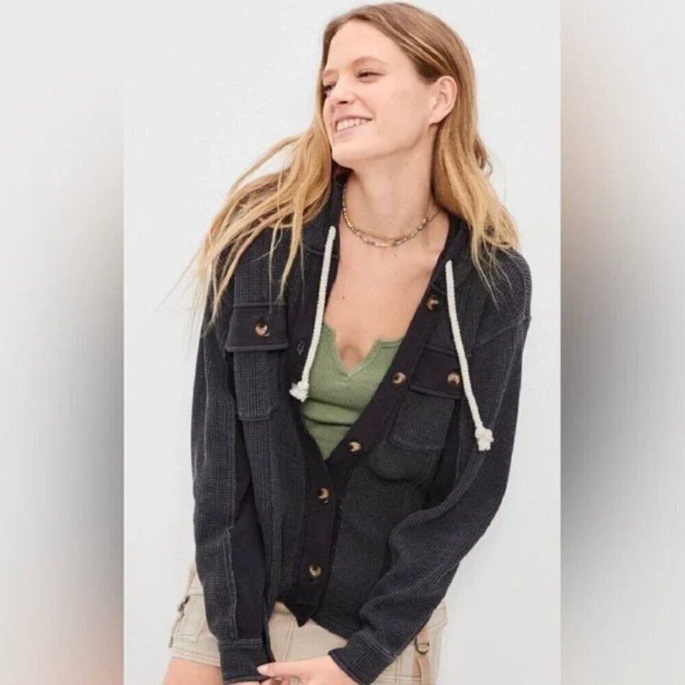 American Eagle Waffle Knit Hooded Jacket Dark Gray Oversized Medium